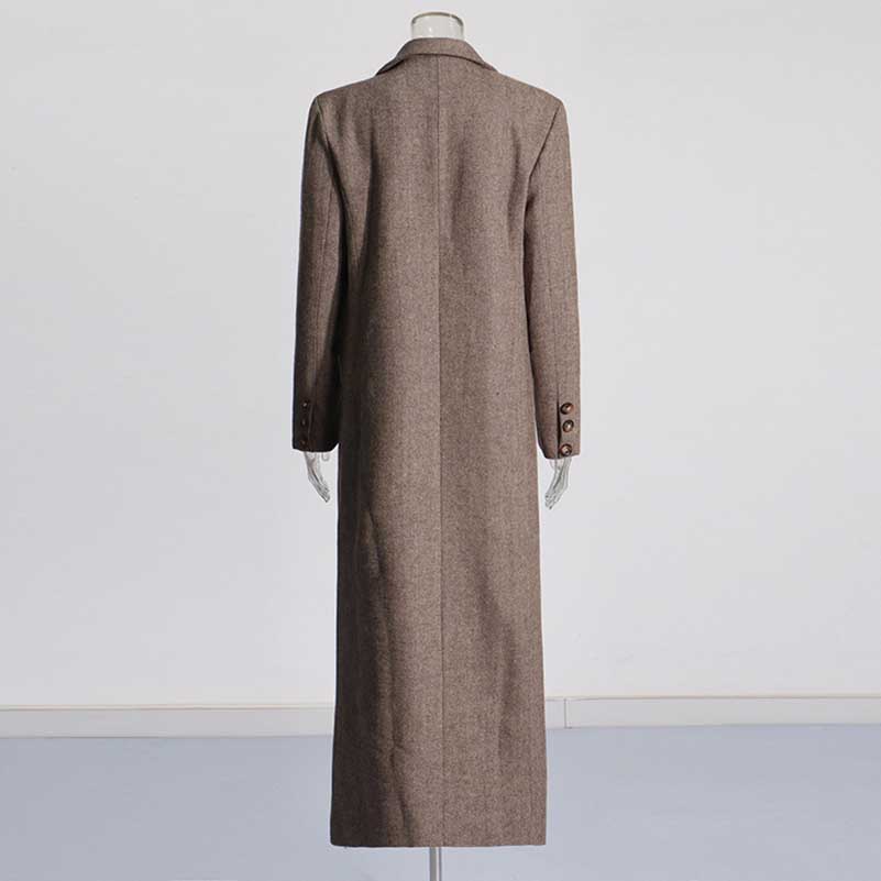 Women's Brown Straight Cut Maxi Coat with Wide Shoulders