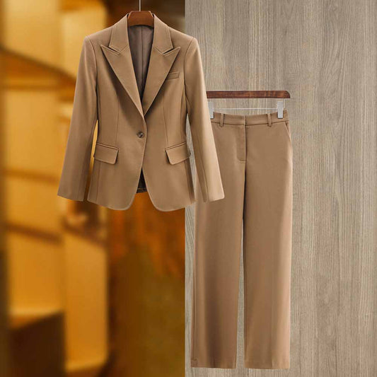 One Button Borwn Pantsuit Fitted Blazer + Mid-High Rise Trousers Pantsuit Suit Formal Wear