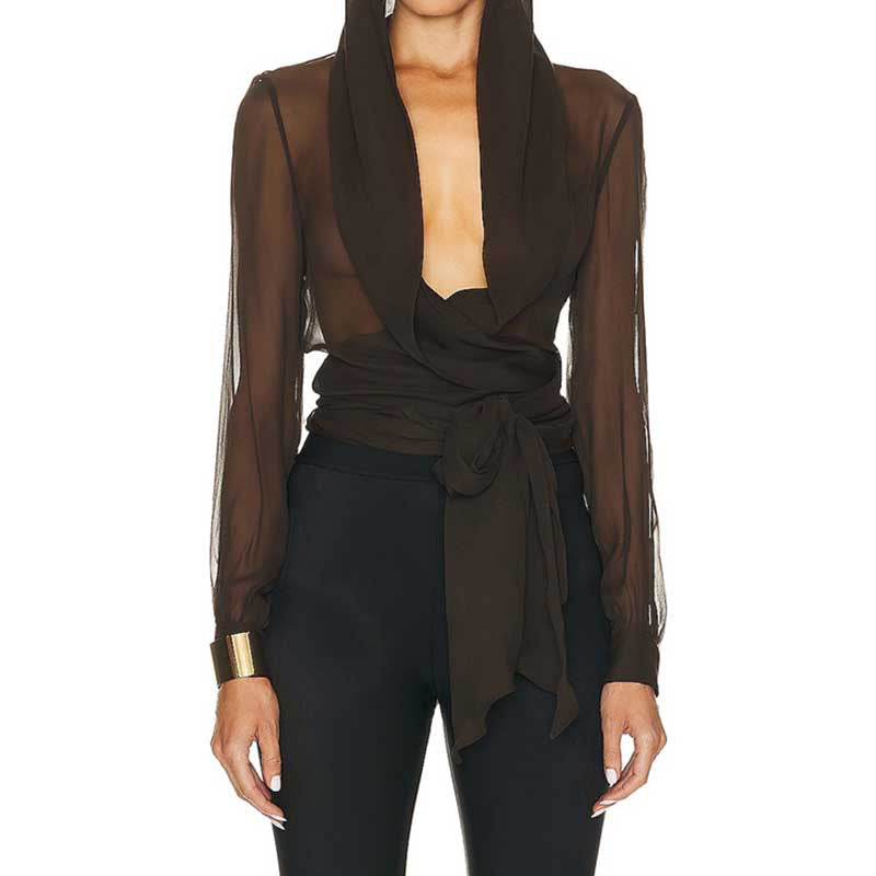 Women's Brown Chic Top With Hoodie and Lace-Up Detail