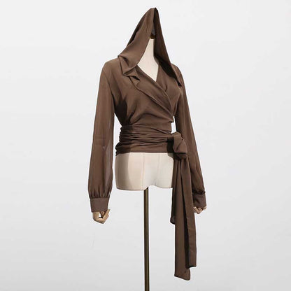 Women's Brown Chic Top With Hoodie and Lace-Up Detail