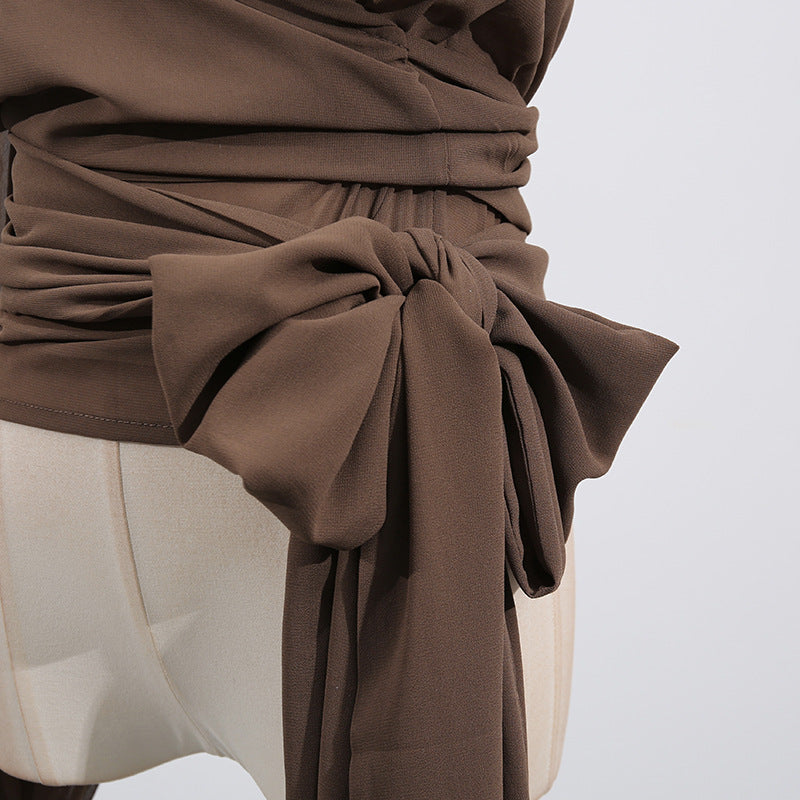 Women's Brown Chic Top With Hoodie and Lace-Up Detail