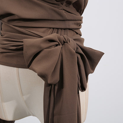 Women's Brown Chic Top With Hoodie and Lace-Up Detail