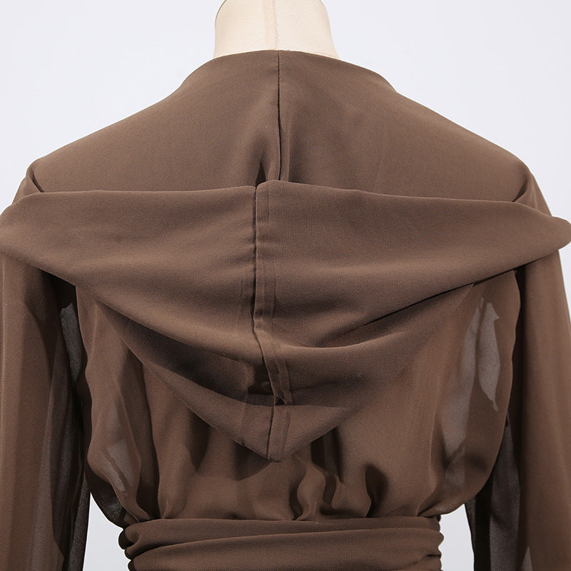 Women's Brown Chic Top With Hoodie and Lace-Up Detail
