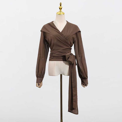 Women's Brown Chic Top With Hoodie and Lace-Up Detail