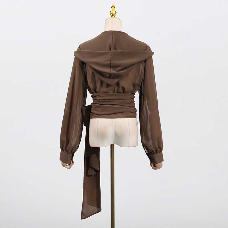 Women's Brown Chic Top With Hoodie and Lace-Up Detail