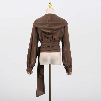 Women's Brown Chic Top With Hoodie and Lace-Up Detail