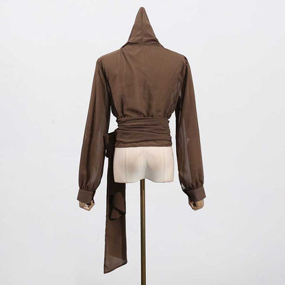 Women's Brown Chic Top With Hoodie and Lace-Up Detail