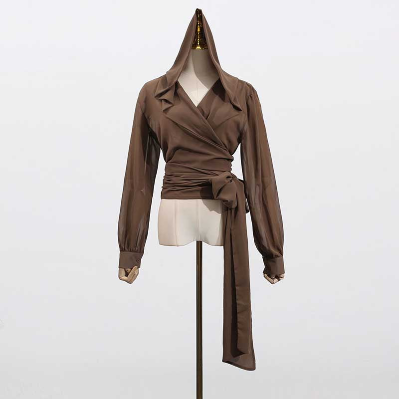 Women's Brown Chic Top With Hoodie and Lace-Up Detail