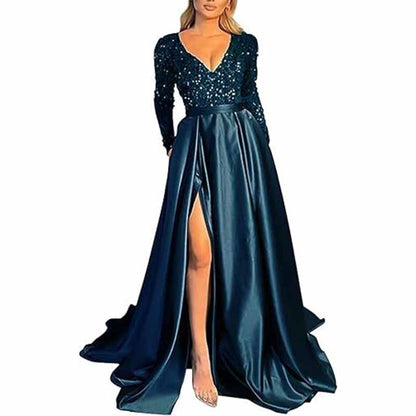 Sparkly Satin Wedding Dress with Pocket Long Sleeve Split Prom Gowns Winter Event Dress