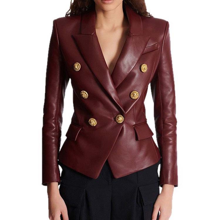 Double breasted blazer 6-button collared burgundy jacket for women