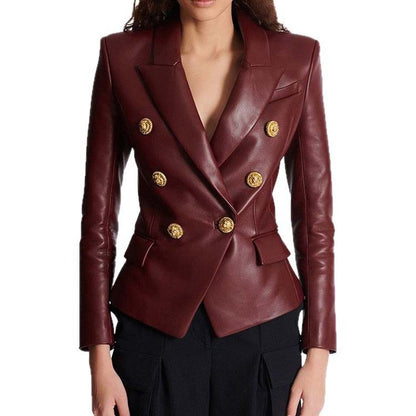 Double breasted blazer 6-button collared burgundy jacket for women