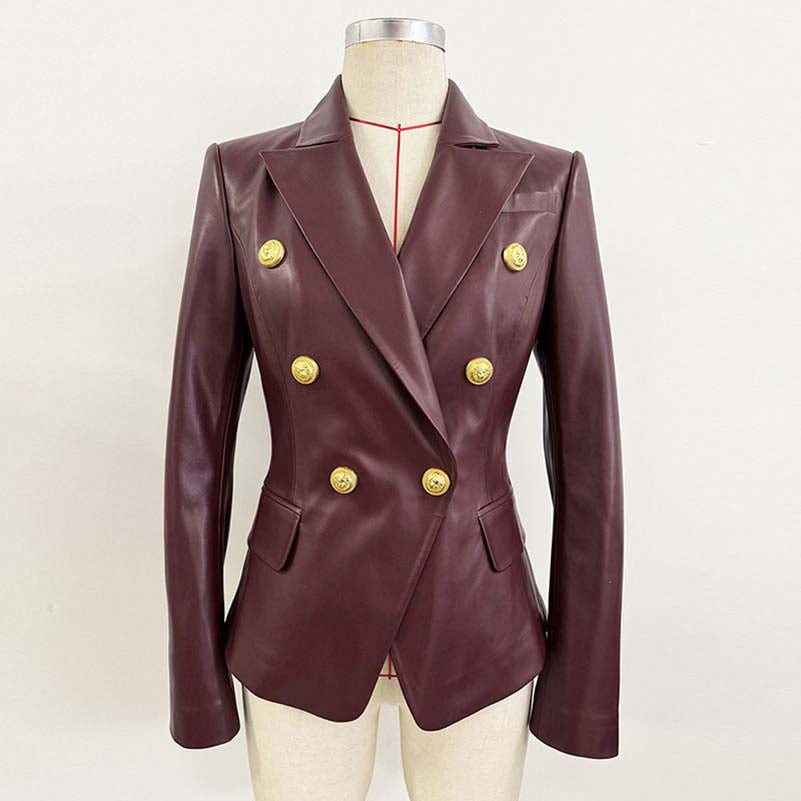 Double breasted blazer 6-button collared burgundy jacket for women