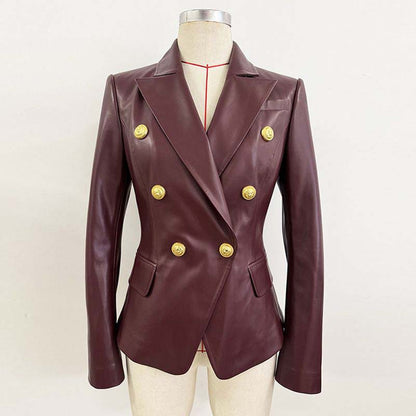 Double breasted blazer 6-button collared burgundy jacket for women