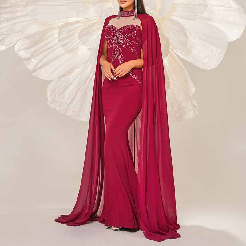 Cape Sleeve Prom Dress Burgundy Mermaid Evening Dress Ball Gown Wedding Party Dress