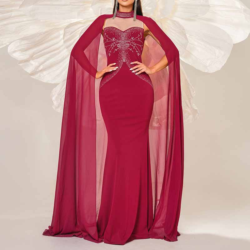 Cape Sleeve Prom Dress Burgundy Mermaid Evening Dress Ball Gown Wedding Party Dress