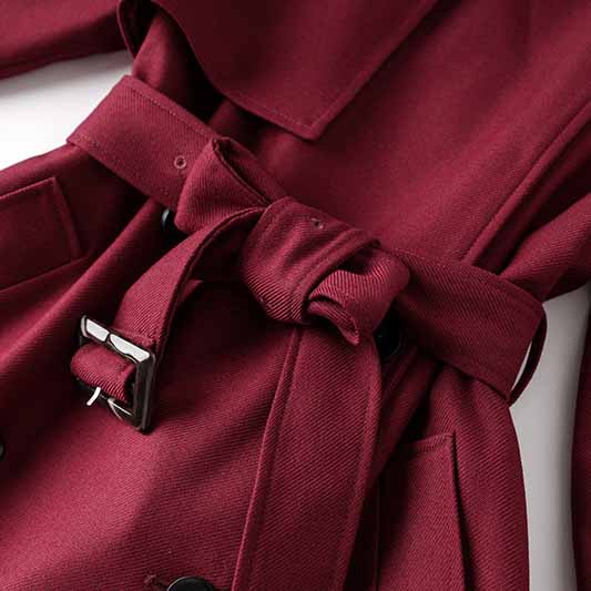 Women Burgundy Trench Coat With Sashes Double Breasted Long Coat