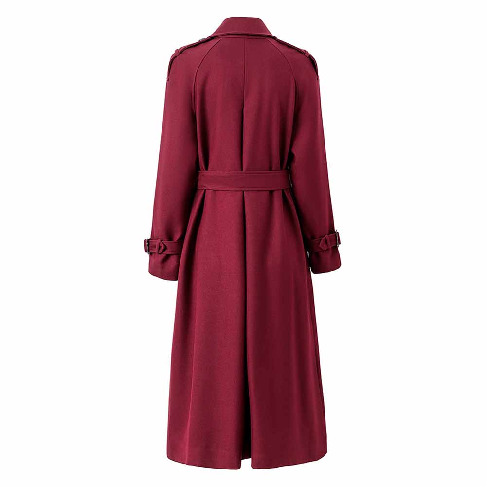 Women Burgundy Trench Coat With Sashes Double Breasted Long Coat