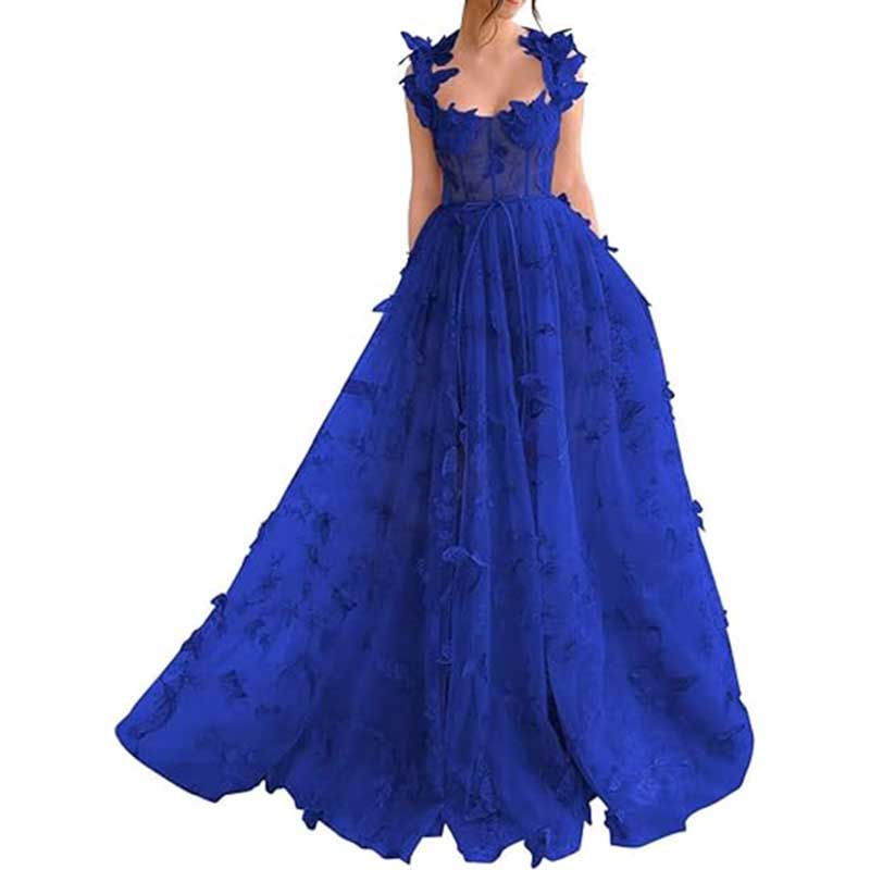 Elegant blue butterfly tulle prom dress with flutter sleeves and floral embellishments perfect for special occasions