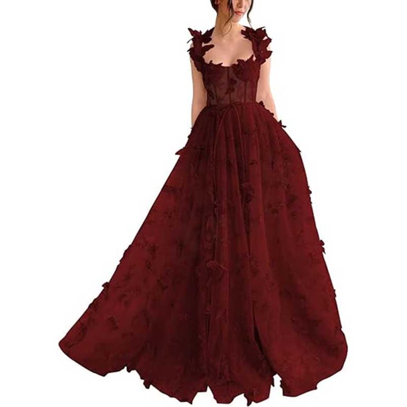Elegant burgundy butterfly tulle prom dress with butterfly details and a flattering silhouette