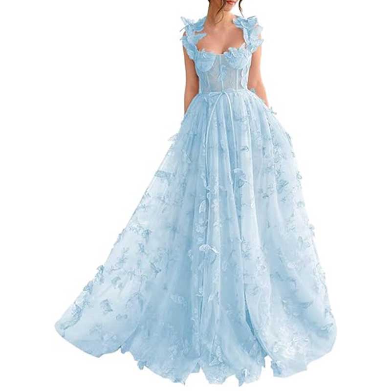 Elegant butterfly tulle prom dress in soft blue with ruffled straps and flowing skirt