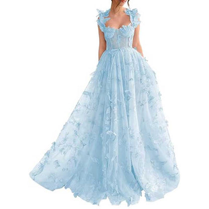Elegant butterfly tulle prom dress in soft blue with ruffled straps and flowing skirt