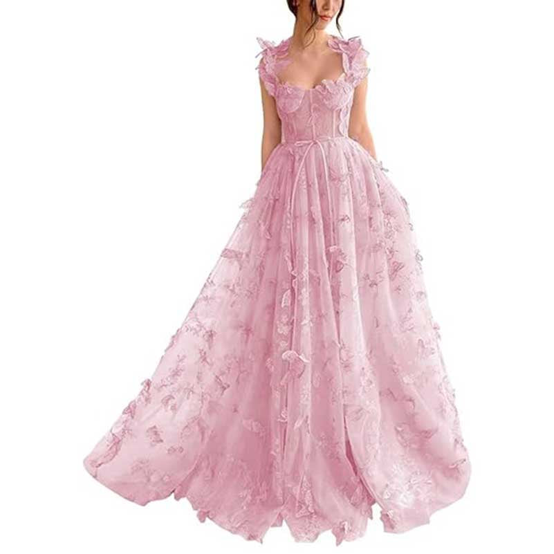 Elegant pink butterfly tulle prom dress with floral embellishments and ruffled sleeves