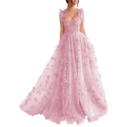 Elegant pink butterfly tulle prom dress with floral embellishments and ruffled sleeves