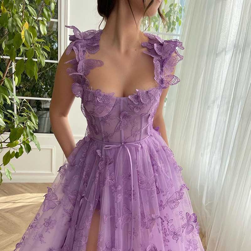 SD Dresscode butterfly tulle prom dress in lavender with ruffled sleeves and floral details
