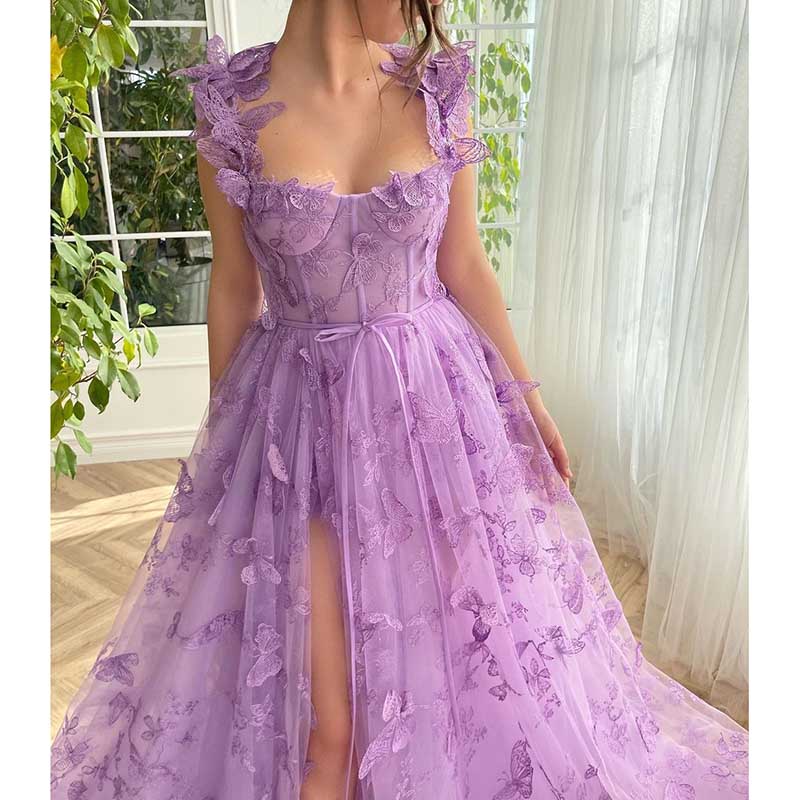 Lavender butterfly tulle prom dress with delicate flutter sleeves and a stylish slit