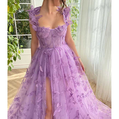 Lavender butterfly tulle prom dress with delicate flutter sleeves and a stylish slit