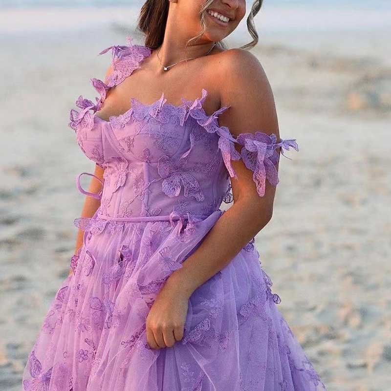 Lavender butterfly tulle prom dress with off-shoulder sleeves and delicate floral details
