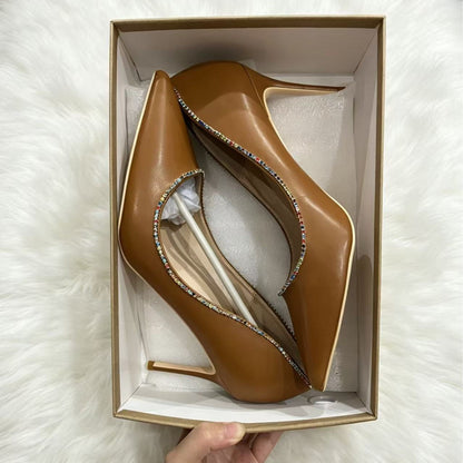 Camel Rhinestone Pointed Toe Pumps | Stiletto Heels