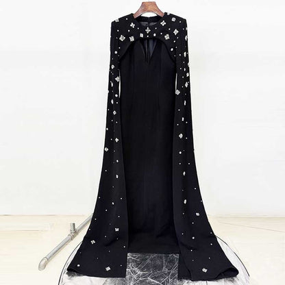 Womens Sequin-Beaded Cape Sleeves Long Formal Dress Wedding Prom Gown