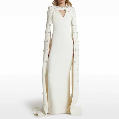 Womens Sequin-Beaded Cape Sleeves Long Formal Dress Wedding Prom Gown