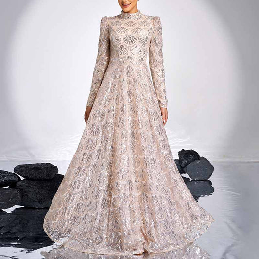 Long Sleeve Gold Seequin Prom Dress Wedding Ball Gowns Event Dress