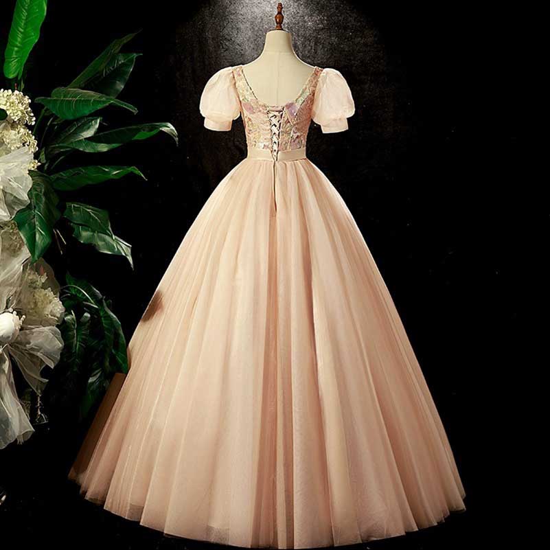 Champagne Tulle Puff Sleeve Quinceanera Dress Long Prom Dress