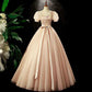 Champagne Tulle Puff Sleeve Quinceanera Dress Long Prom Dress