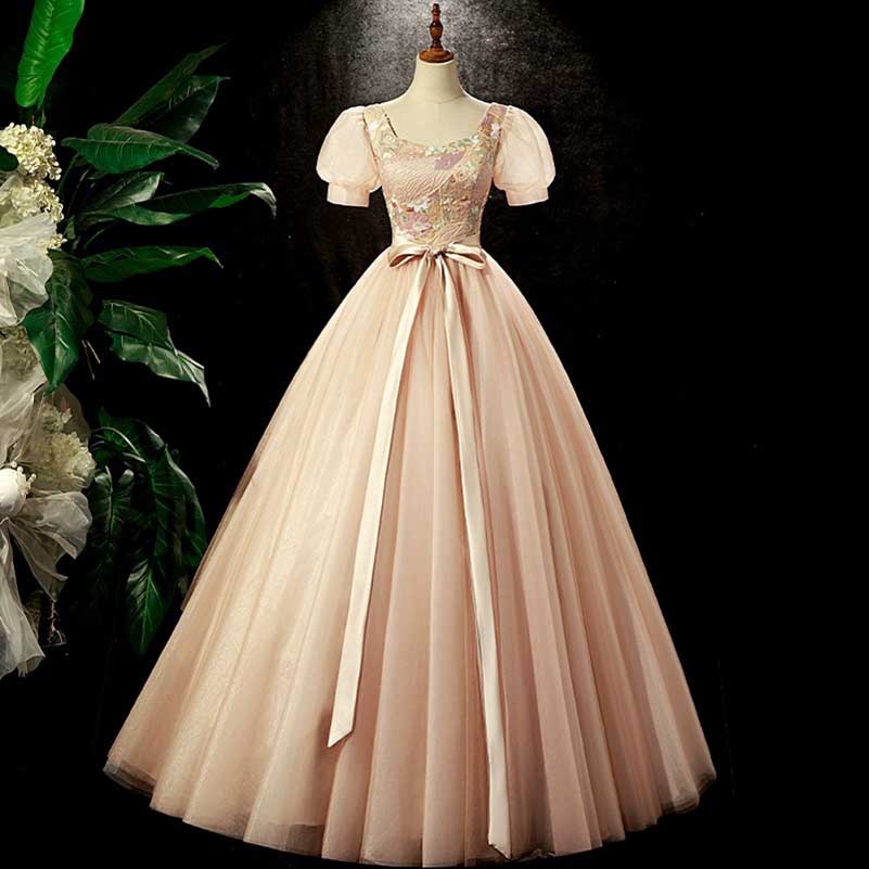 Champagne Tulle Puff Sleeve Quinceanera Dress Long Prom Dress