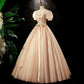 Champagne Tulle Puff Sleeve Quinceanera Dress Long Prom Dress