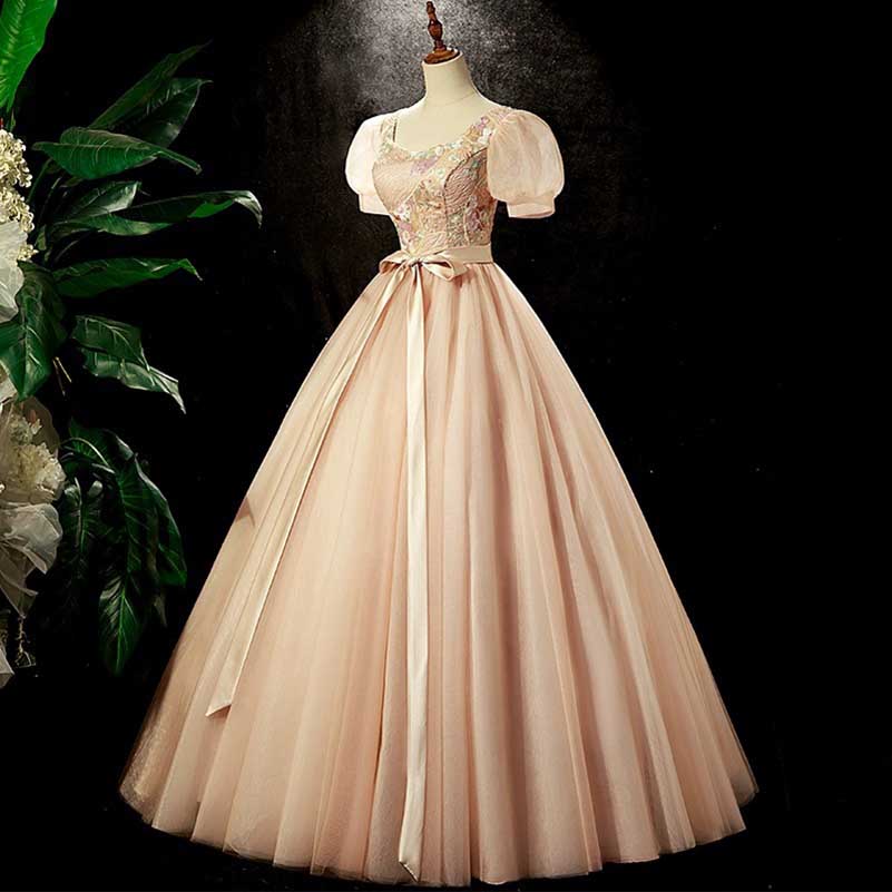 Champagne Tulle Puff Sleeve Quinceanera Dress Long Prom Dress