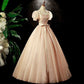 Champagne Tulle Puff Sleeve Quinceanera Dress Long Prom Dress