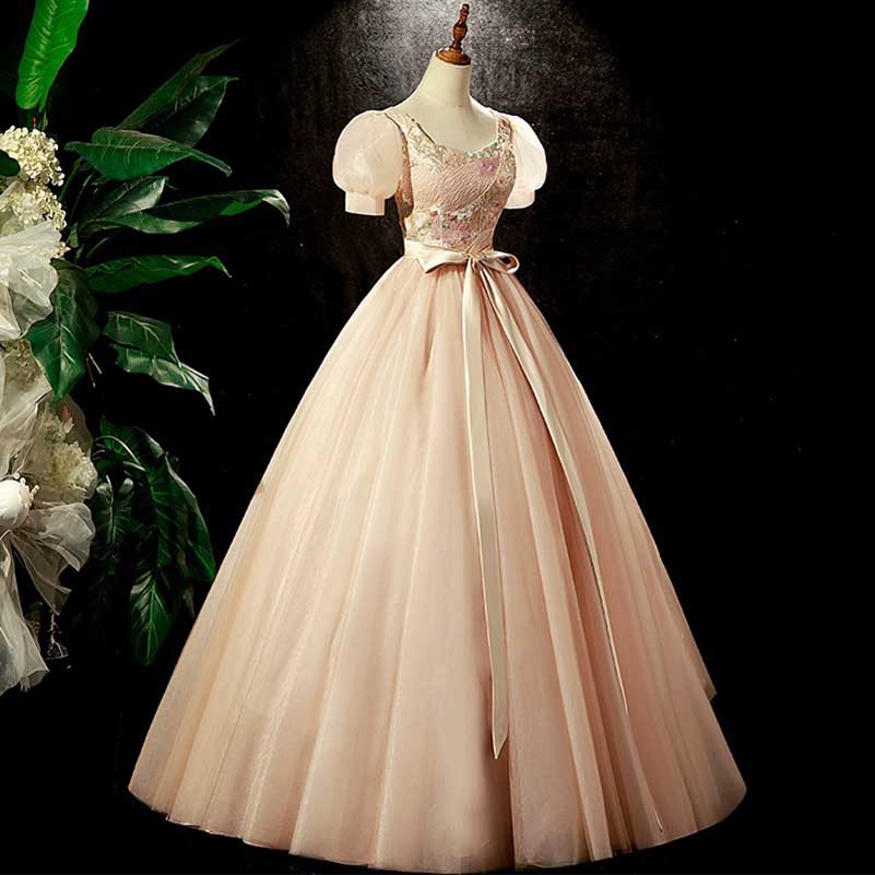 Champagne Tulle Puff Sleeve Quinceanera Dress Long Prom Dress