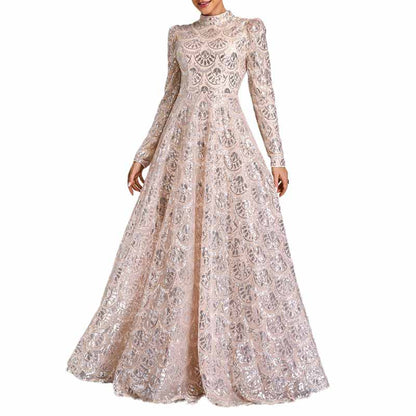 Long Sleeve Gold Seequin Prom Dress Wedding Ball Gowns Event Dress