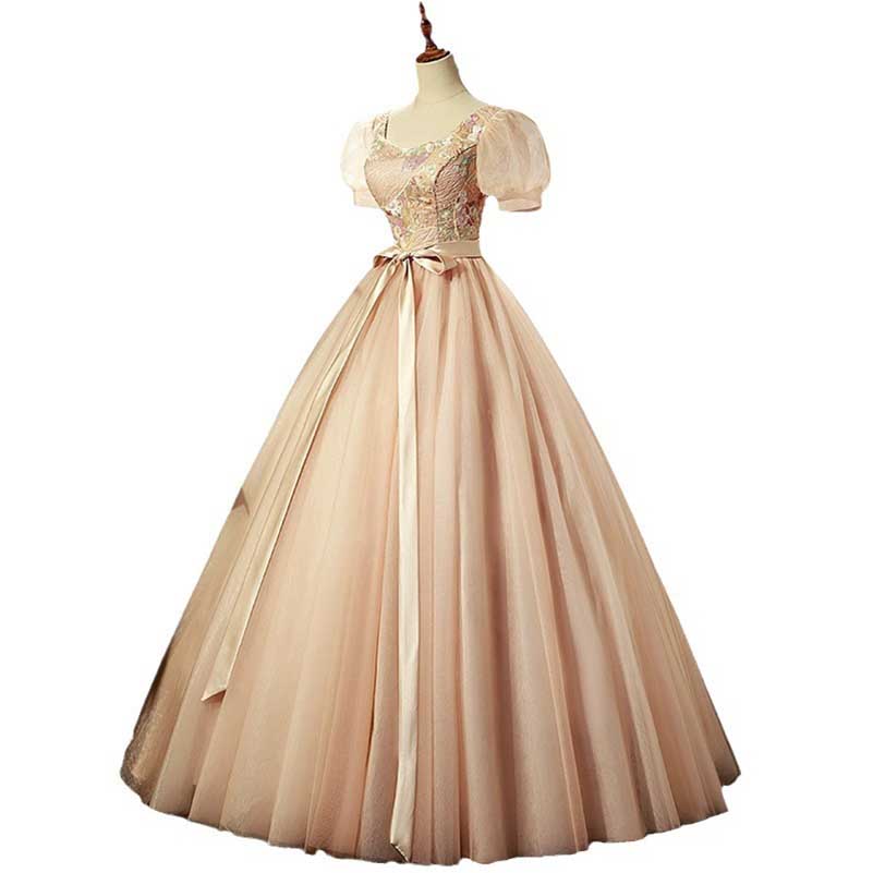 Champagne Tulle Puff Sleeve Quinceanera Dress Long Prom Dress  SD Dresscode  & Fashiontrends