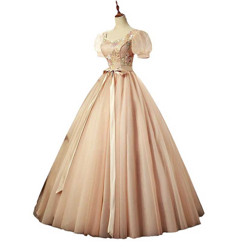 Champagne Tulle Puff Sleeve Quinceanera Dress Long Prom Dress