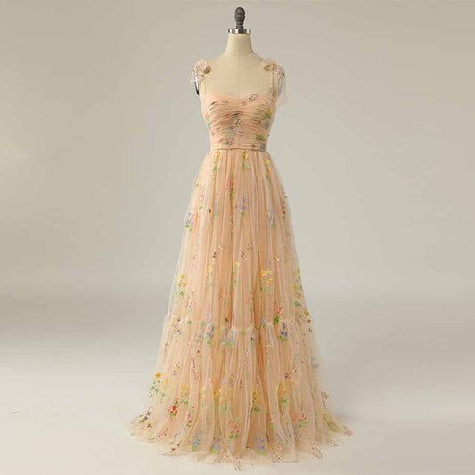 Cute A Line Spaghetti Straps Champagne Prom Dress with Embroidery