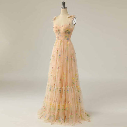 Cute A Line Spaghetti Straps Champagne Prom Dress with Embroidery