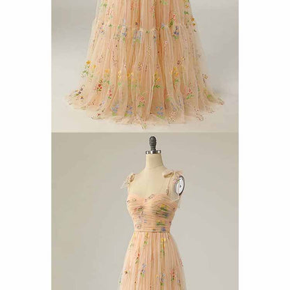 Cute A Line Spaghetti Straps Champagne Prom Dress with Embroidery