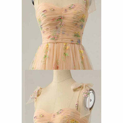 Cute A Line Spaghetti Straps Champagne Prom Dress with Embroidery