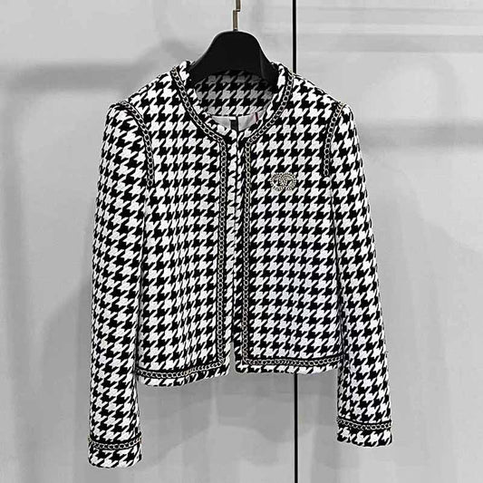 Women's Black and White Checked Cardigan Chic Coat